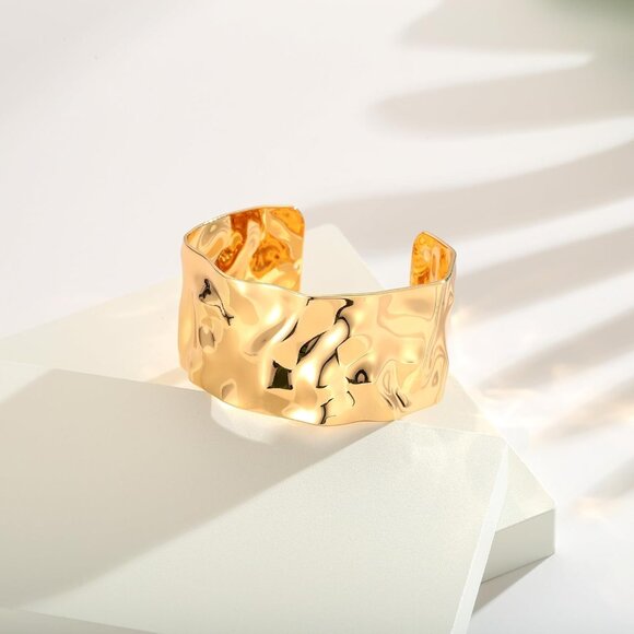 Hammered Gold Silver Cuff Bracelet for Women Wide Vintage Boho Statement - Picture 4 of 8